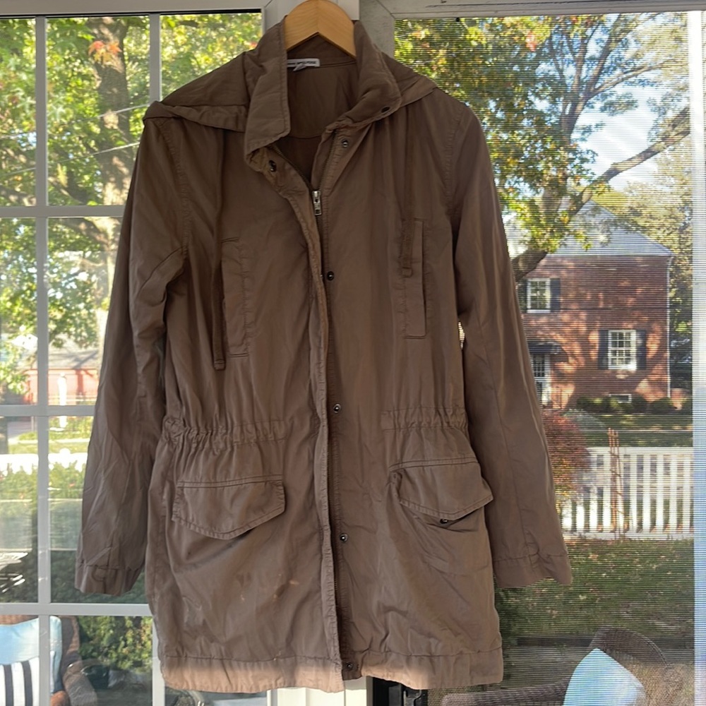 James Perse •tan khaki lightweight utility zip hooded jacket $425